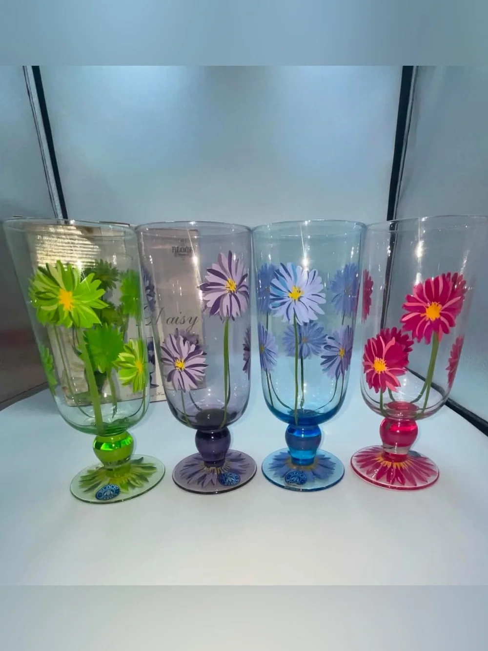 Block Crystal Daisy 4 Hand Painted All Purpose Water Tea Stemmed Glass Goblets
